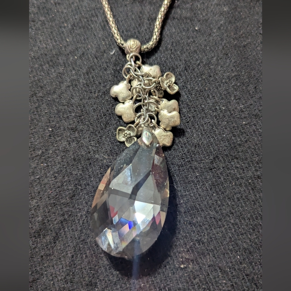 Silver Tone Grey Crystal Floral Pendant Statement Necklace